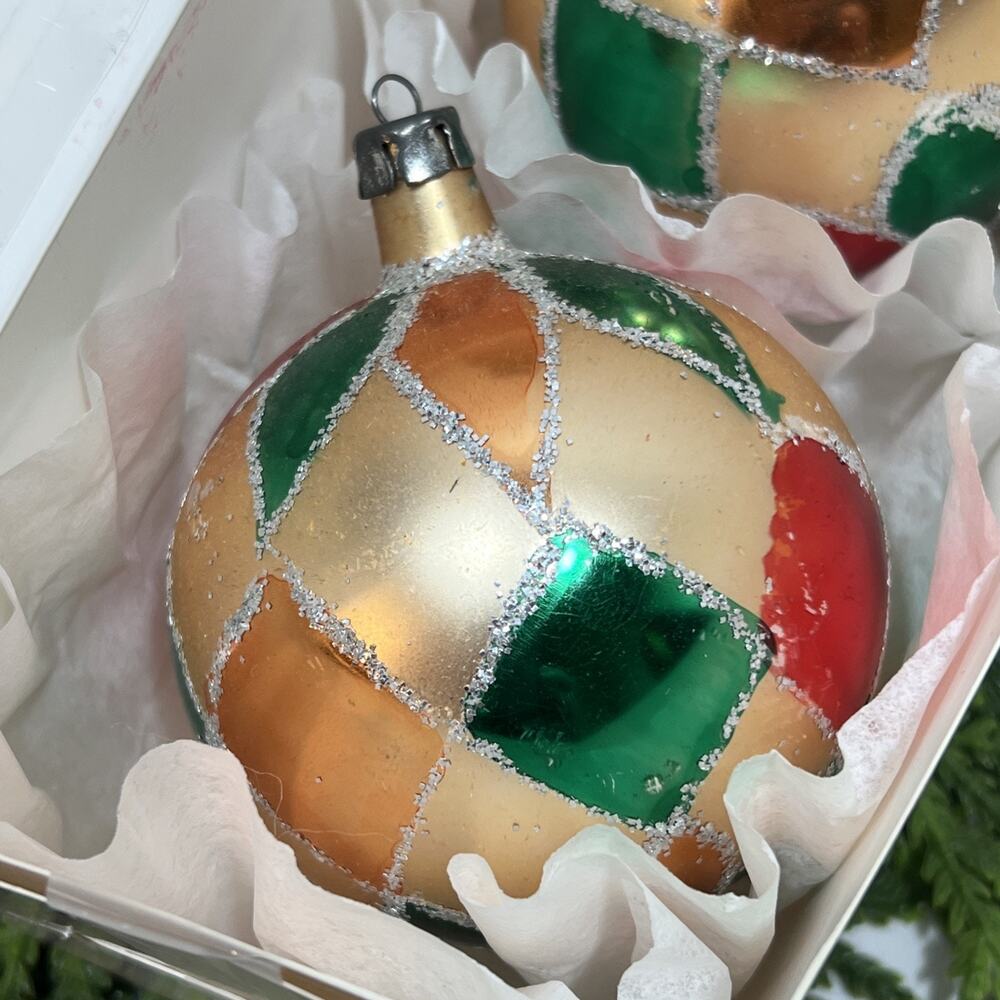 Vintage Christmas Ornaments Mercury Glass Harlequin Pattern 3.25” Set of 2 Ball - Picture 3 of 16